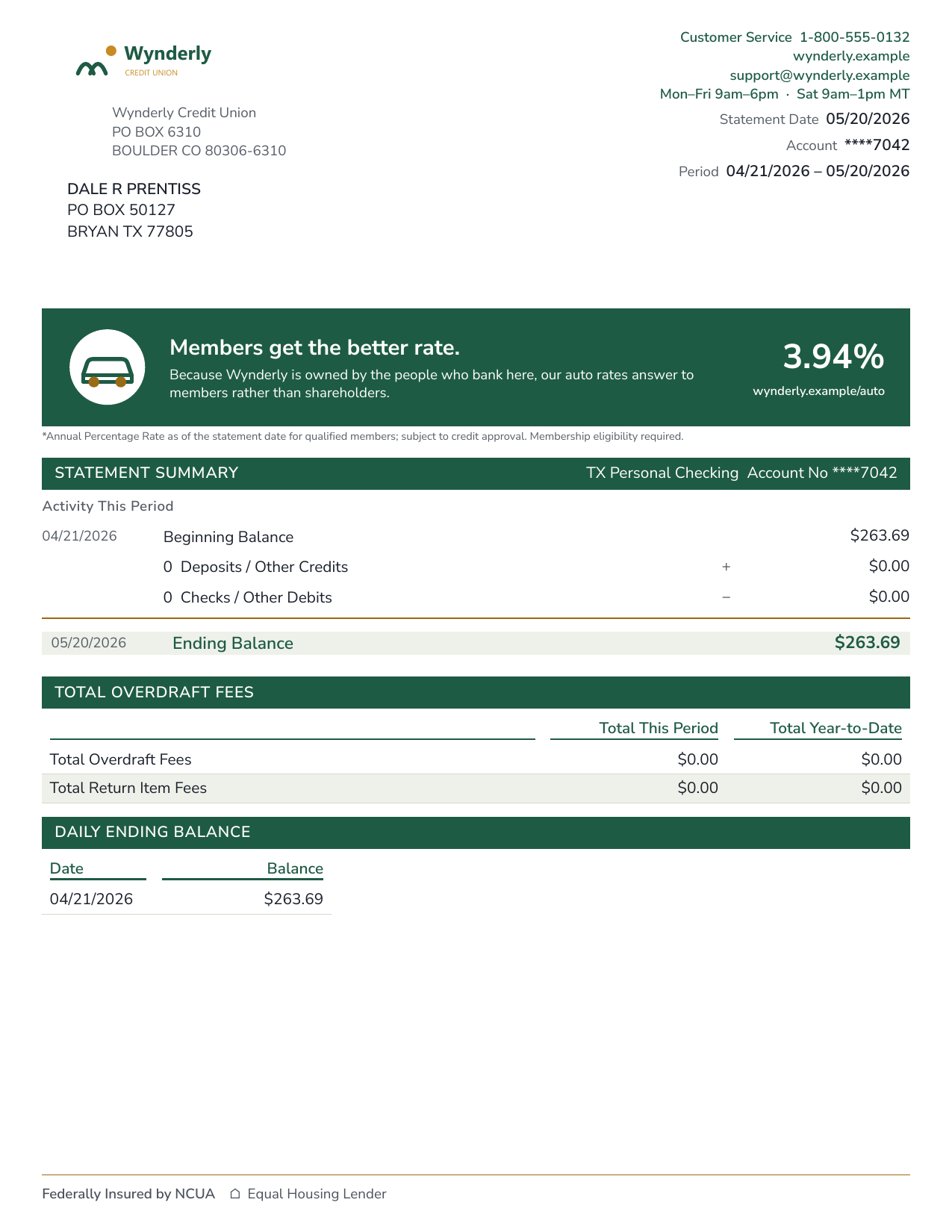 Credit union member statement, demonstration sample
