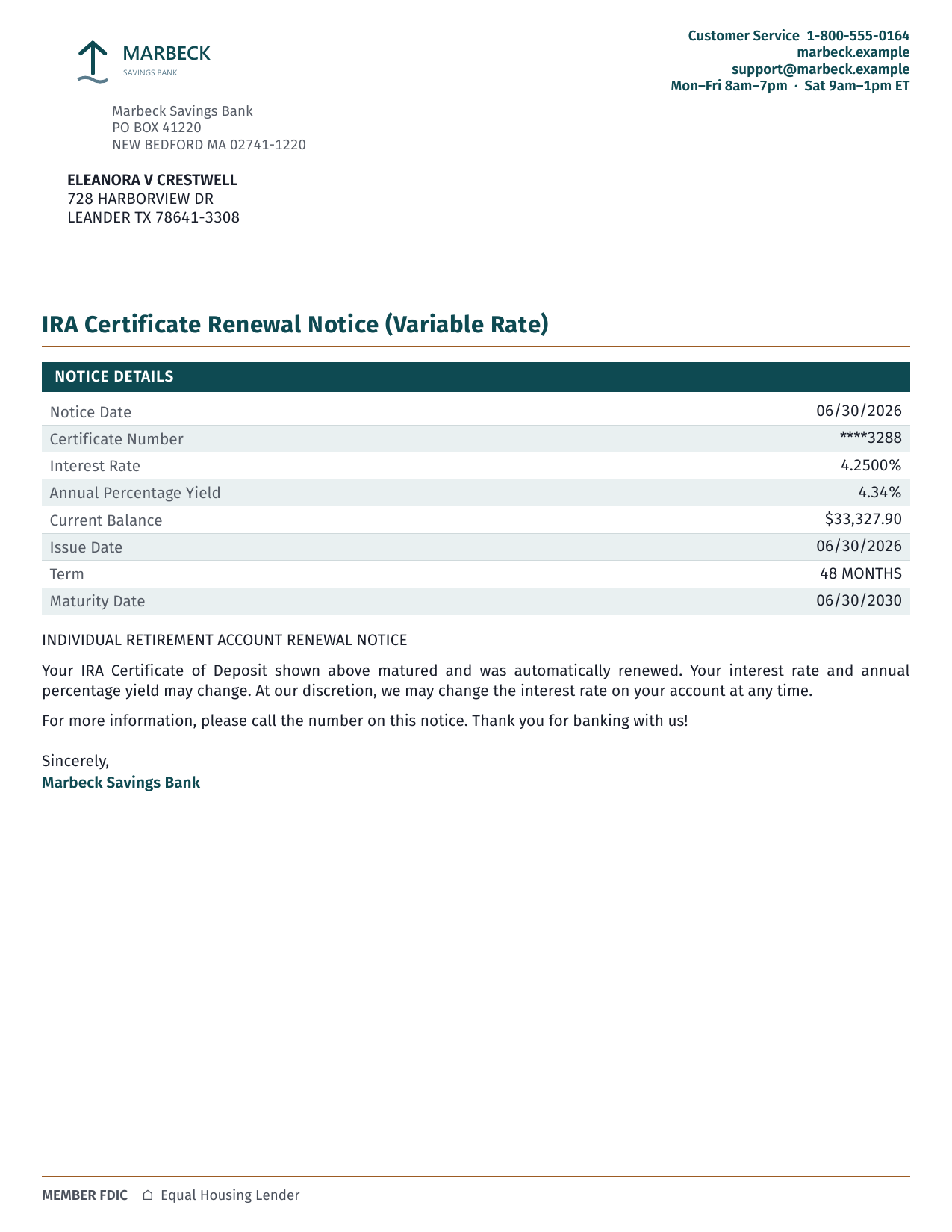 IRA certificate renewal notice, demonstration sample