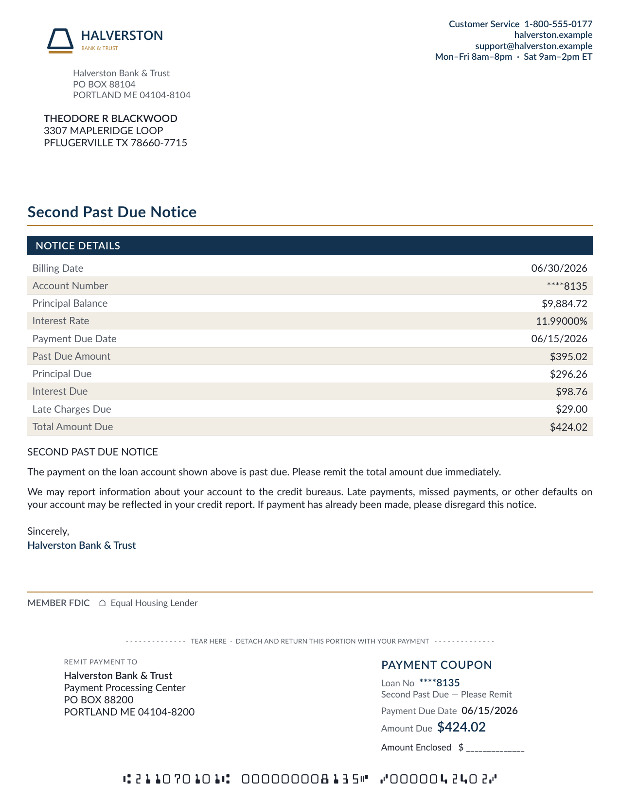 Past due notice, demonstration sample